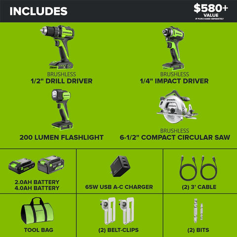 GREENWORKS 24V Combo (1/2” Drill + 1/4” Impact Driver + 6.5” Circular Saw