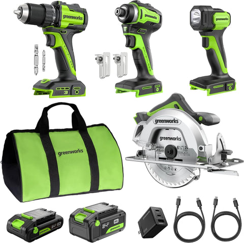 GREENWORKS 24V Combo (1/2” Drill + 1/4” Impact Driver + 6.5” Circular Saw